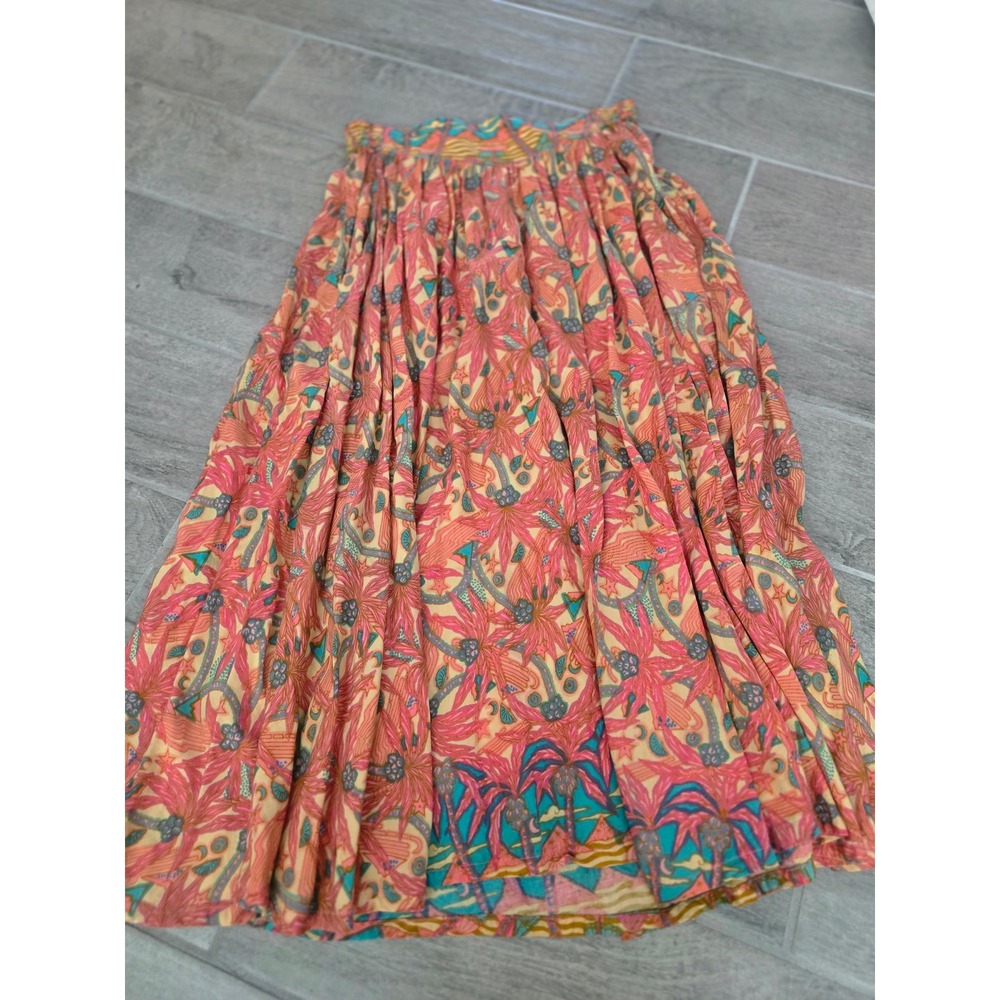 Rainbow Jo Maui Hawaii Pink Teal Tropical Palm Rayon Maxi Skirt Pockets Medium